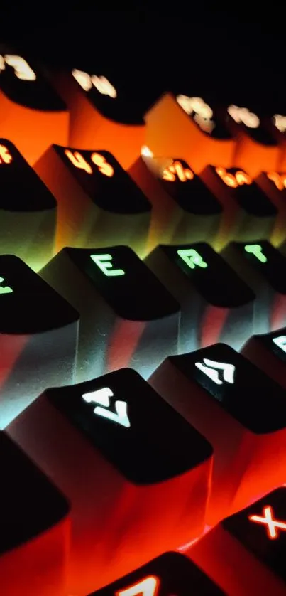 Vibrant keyboard glow with orange, white, and black illuminated keys.