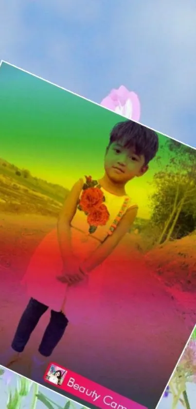 Vibrant wallpaper with a young girl under a colorful sky.