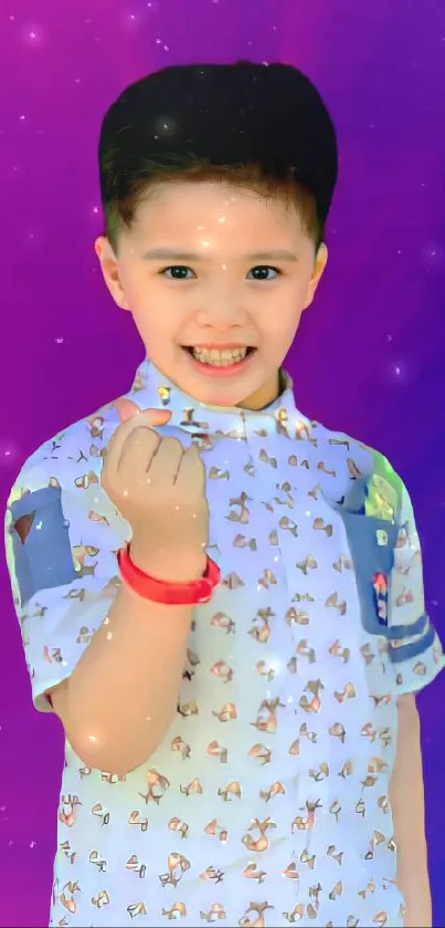 Smiling child with a vibrant blue and pink background.