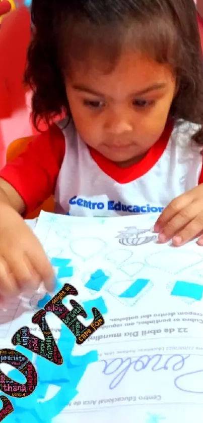 Child drawing with vibrant red and blue colors.