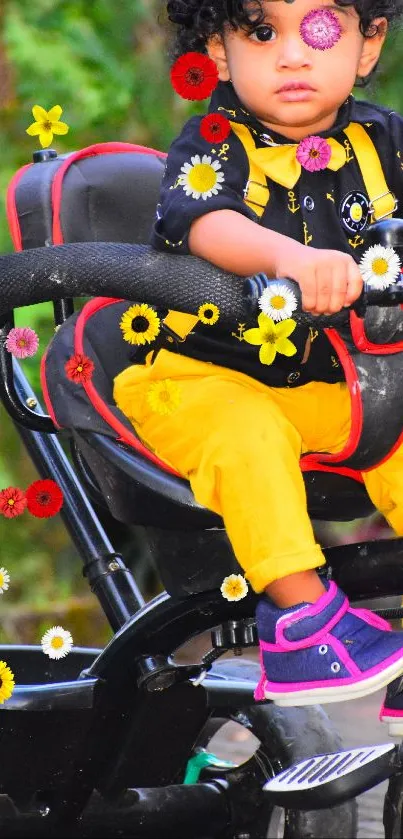 Child on tricycle with colorful flower background.