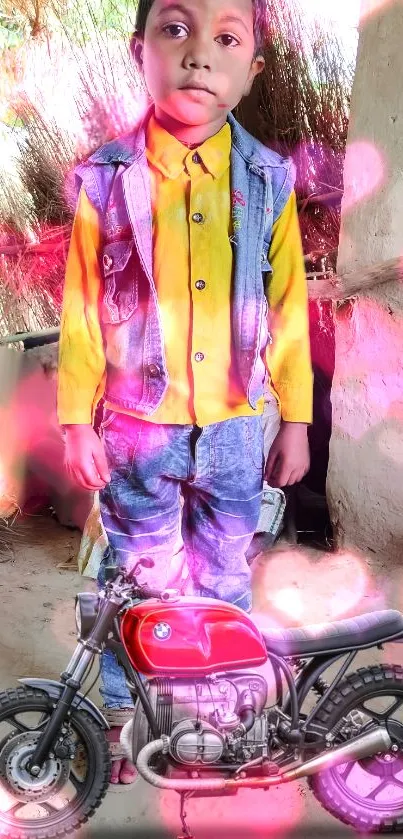 Child in bright attire with motorcycle and pink background.