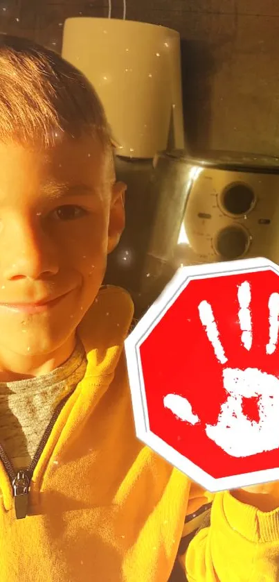 Smiling child in yellow with a handprint stop sign.