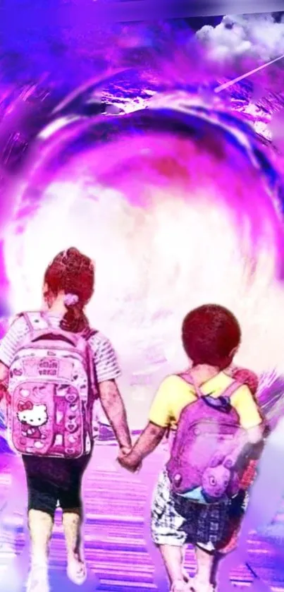 Two kids walk into a vibrant purple vortex.