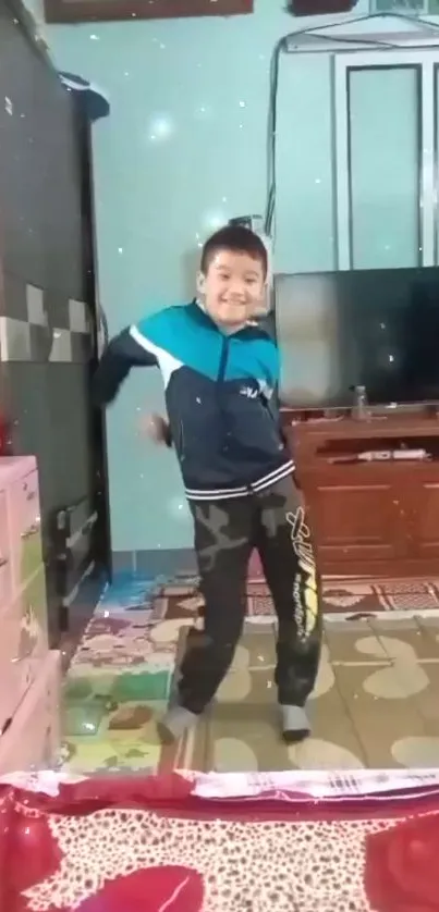 Boy dancing in a colorful kid's room with vibrant decor and home interior.