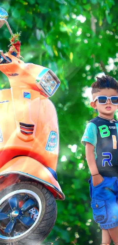 Young boy with orange scooter in lush greenery, stylish and vibrant.