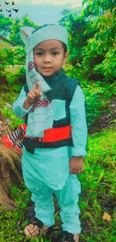 Child in traditional outfit amidst lush green nature.