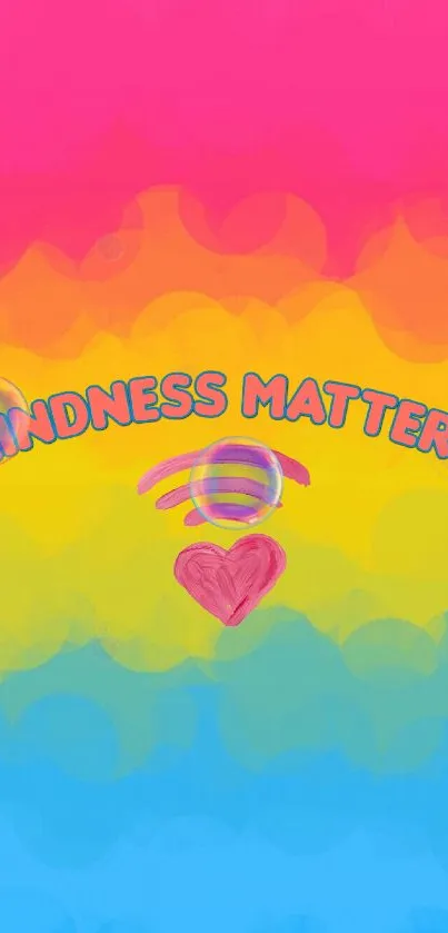 Vibrant 'Kindness Matters' wallpaper with pink, yellow, blue gradient.