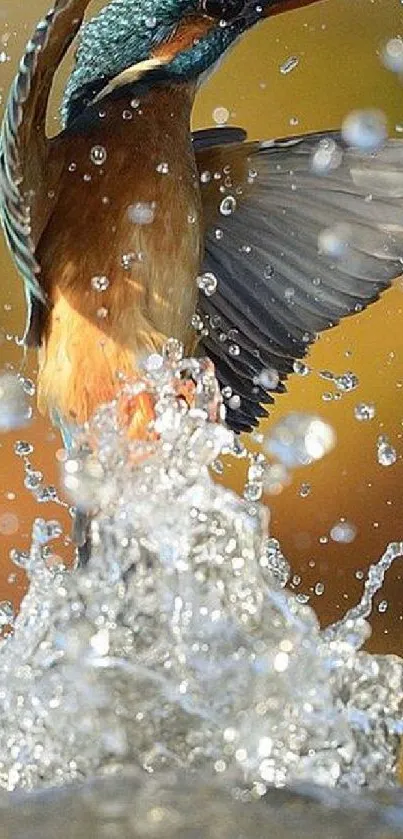 Kingfisher diving, creating a vibrant water splash.