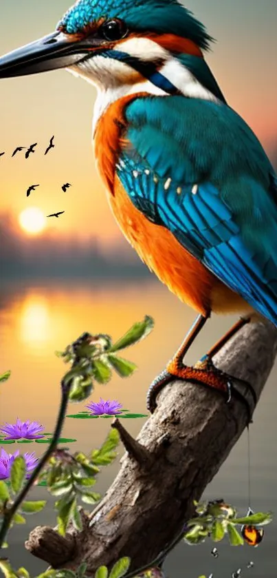 Vibrant kingfisher perched at sunset with colorful background.