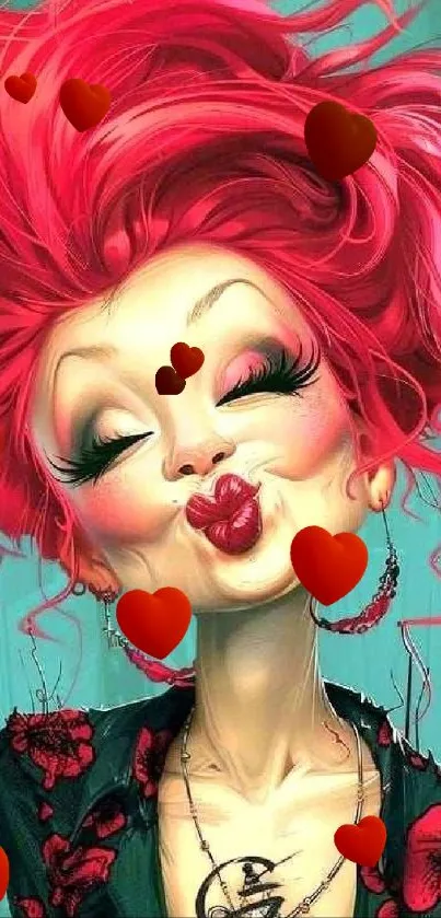 Cartoon character with pink hair, kissing lips, surrounded by hearts.