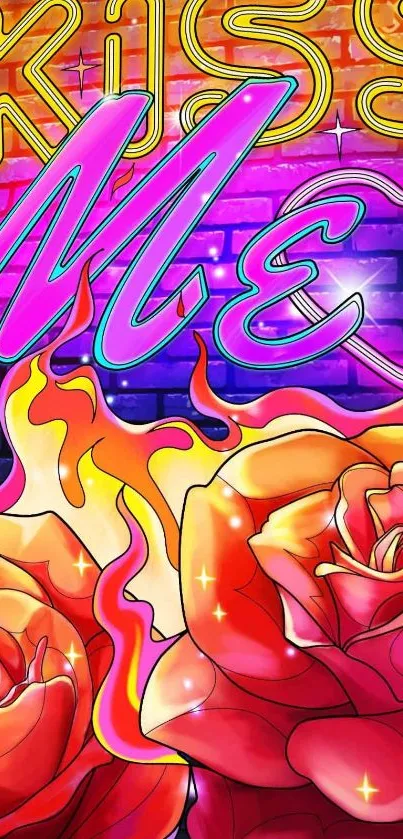 Vibrant 'Kiss Me' neon art with fiery roses in bold colors.