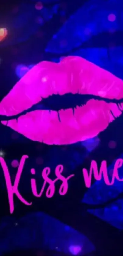 Bright pink lips with 'Kiss Me' text on a blue background.