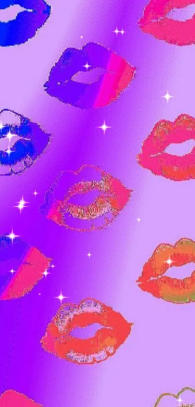 Vibrant wallpaper with colorful lips on violet backdrop.