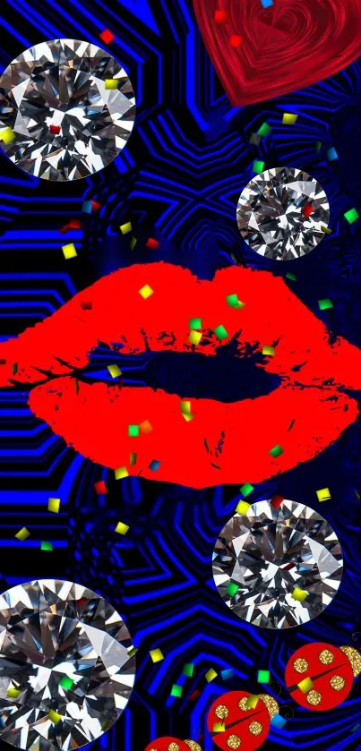 Mobile wallpaper with red lips, diamonds, and blue pattern background.