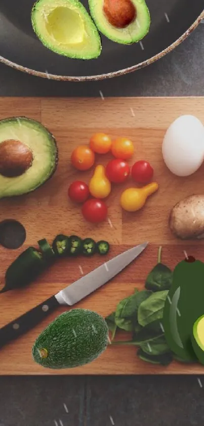 A cutting board with fresh avocados and vegetables.