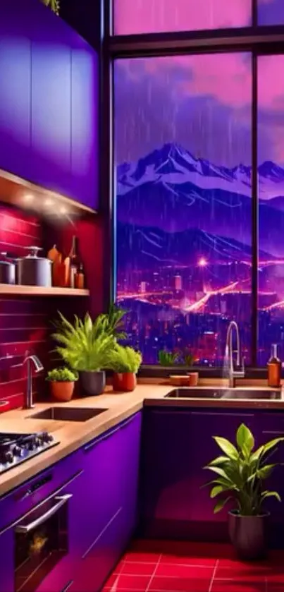 Brightly colored kitchen with a night mountain view.