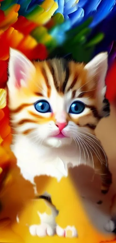 Colorful artwork of a kitten with blue eyes on a vibrant background.