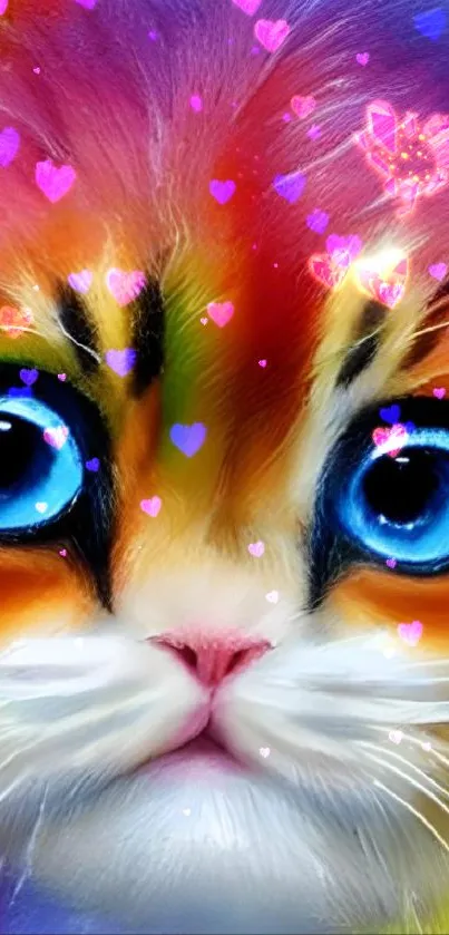 Artistic wallpaper of a vibrant kitten with stunning blue eyes.