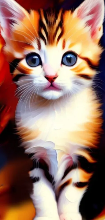 Vibrant kitten art wallpaper with colorful background.