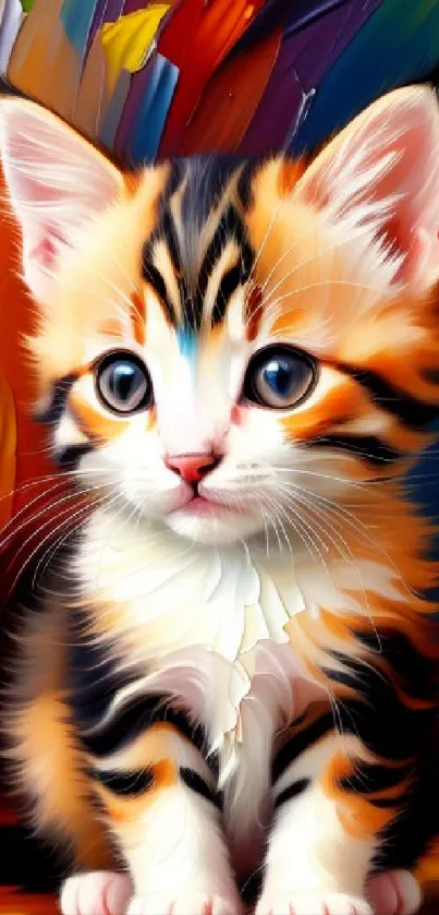 Cute tabby kitten in vibrant art style with colorful background.