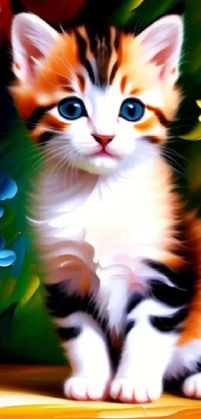 Vibrant kitten art wallpaper with colorful floral background.