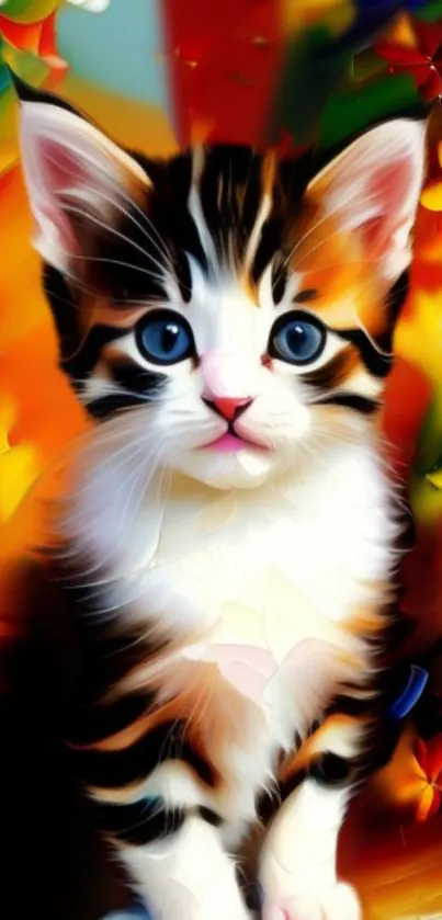 Colorful kitten artwork with floral elements.