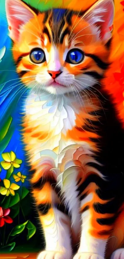 Vibrant and colorful kitten art wallpaper with flowers.