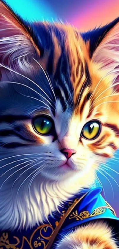 Colorful digital art of a kitten with vibrant hues on a phone wallpaper.