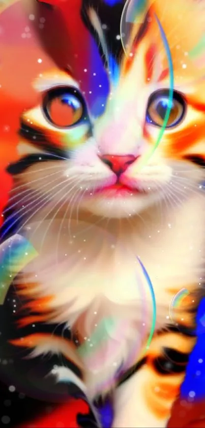 Vibrant digital art featuring a kitten with colorful background.