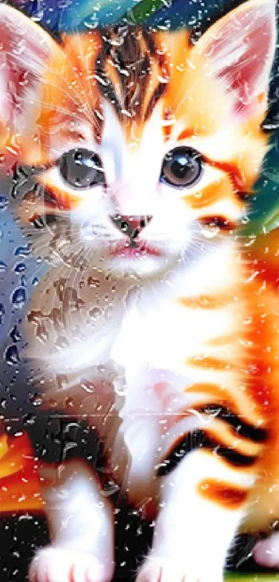 Vibrant digital art of a kitten with colorful background.