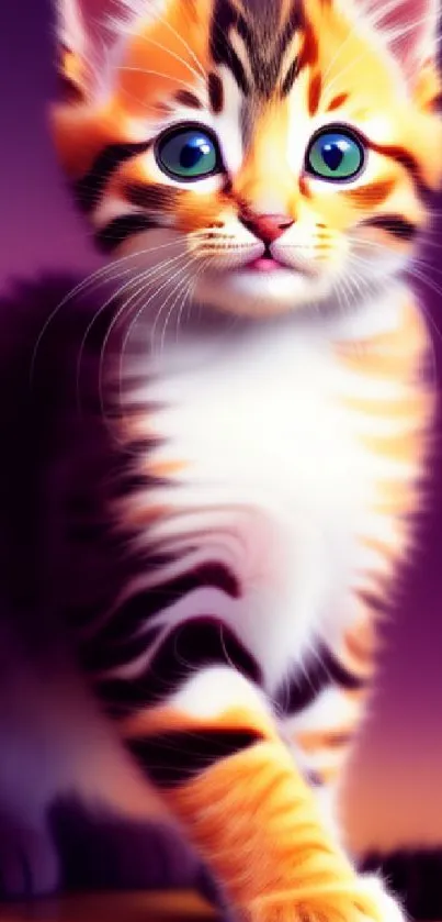 Vibrant kitten with blue eyes on orange and purple background.