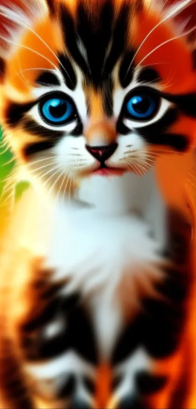 Adorable kitten with vibrant background and blue eyes.