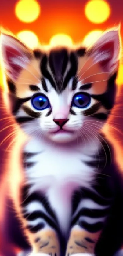 Cute kitten with blue eyes and vibrant orange backdrop.