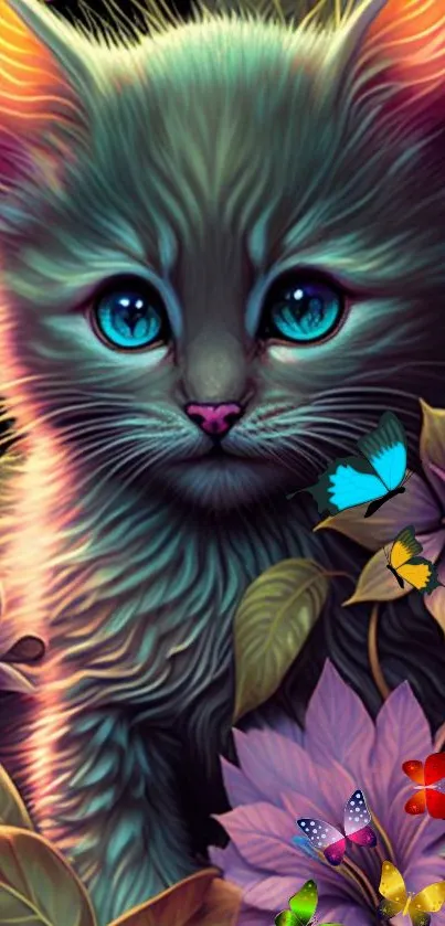 Vibrant wallpaper featuring a cute kitten with colorful butterflies and leaves.