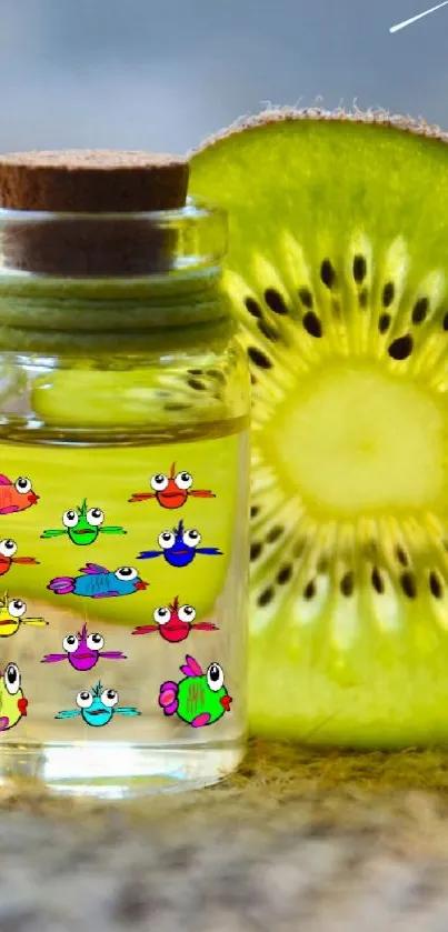 Mobile wallpaper with a kiwi slice and a whimsical jar design.