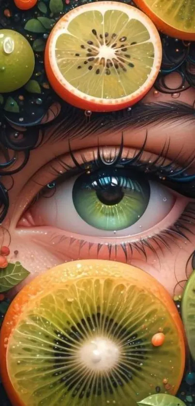 Artistic wallpaper with a green eye surrounded by kiwi slices.