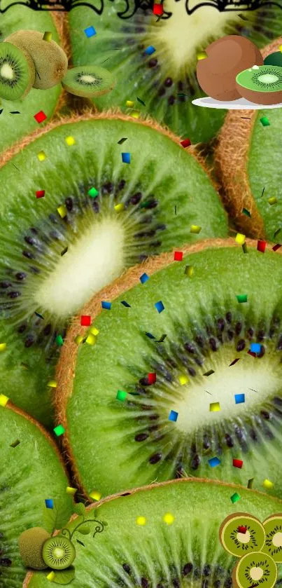 Kiwi slices with colorful confetti pattern wallpaper.