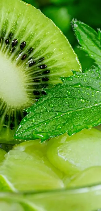 Close-up of kiwi and mint leaves with water droplets.