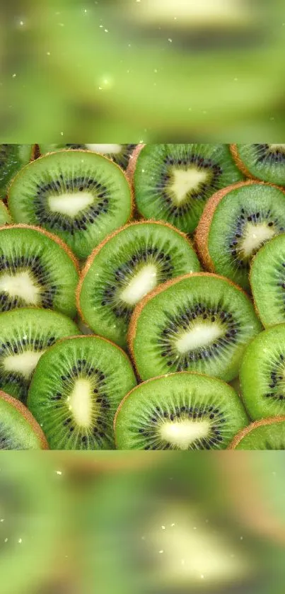 Sliced kiwi fruit with vibrant green colors perfect for a fresh wallpaper.