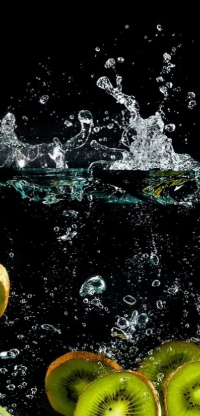 Kiwi slices splashing into water with bubbles on a black background.