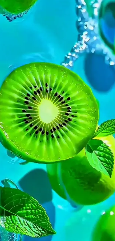 Vibrant kiwi with mint in water splash