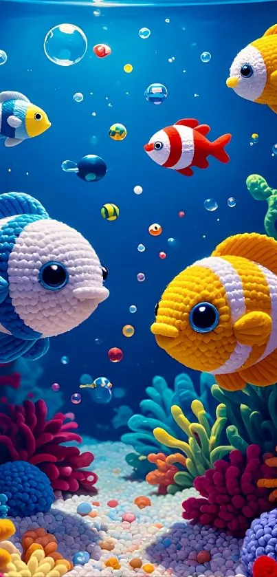Colorful knit fish swimming in a vibrant aquarium scene.