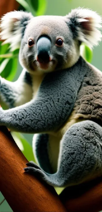 A koala sitting on a brown branch with lush green leaves in the background.