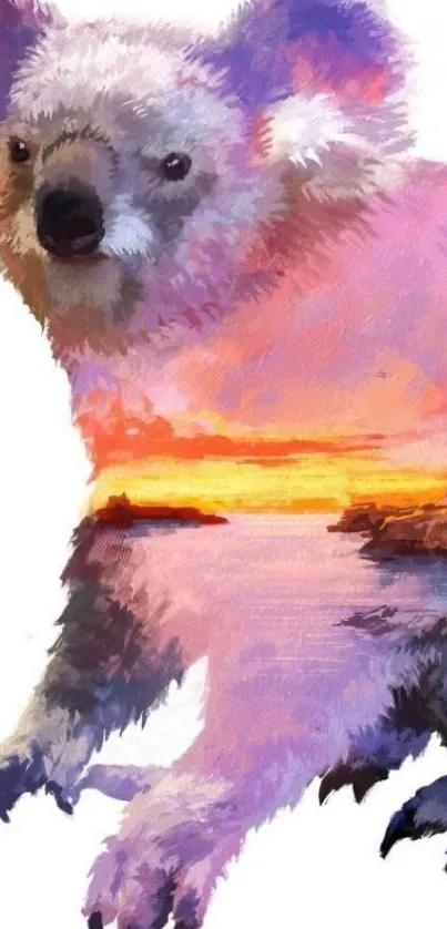 Vibrant koala with sunset landscape in artistic style.