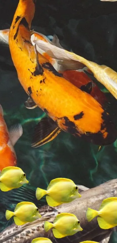 Vibrant yellow koi and tropical fish swimming in clear water.