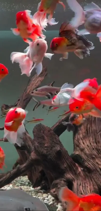 Mobile wallpaper featuring colorful koi fish swimming around driftwood in an aquarium.