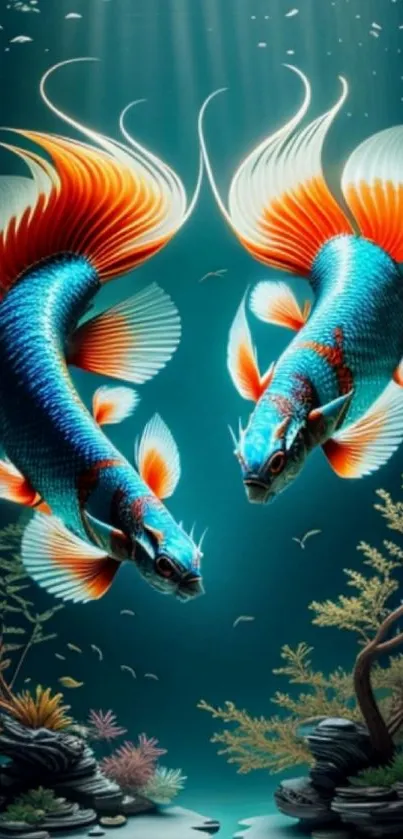 Vibrant koi fish swimming in a colorful underwater scene with corals.