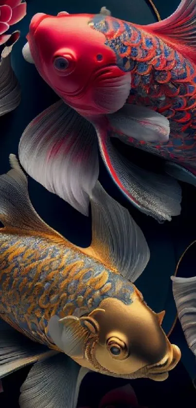 Vibrant koi fish with gold and red scales on a dark blue background.