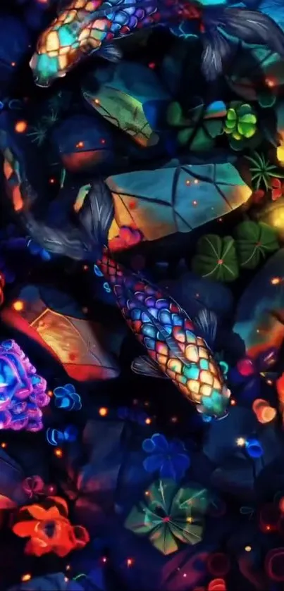 Digital art of vibrant koi fish among colorful stones.